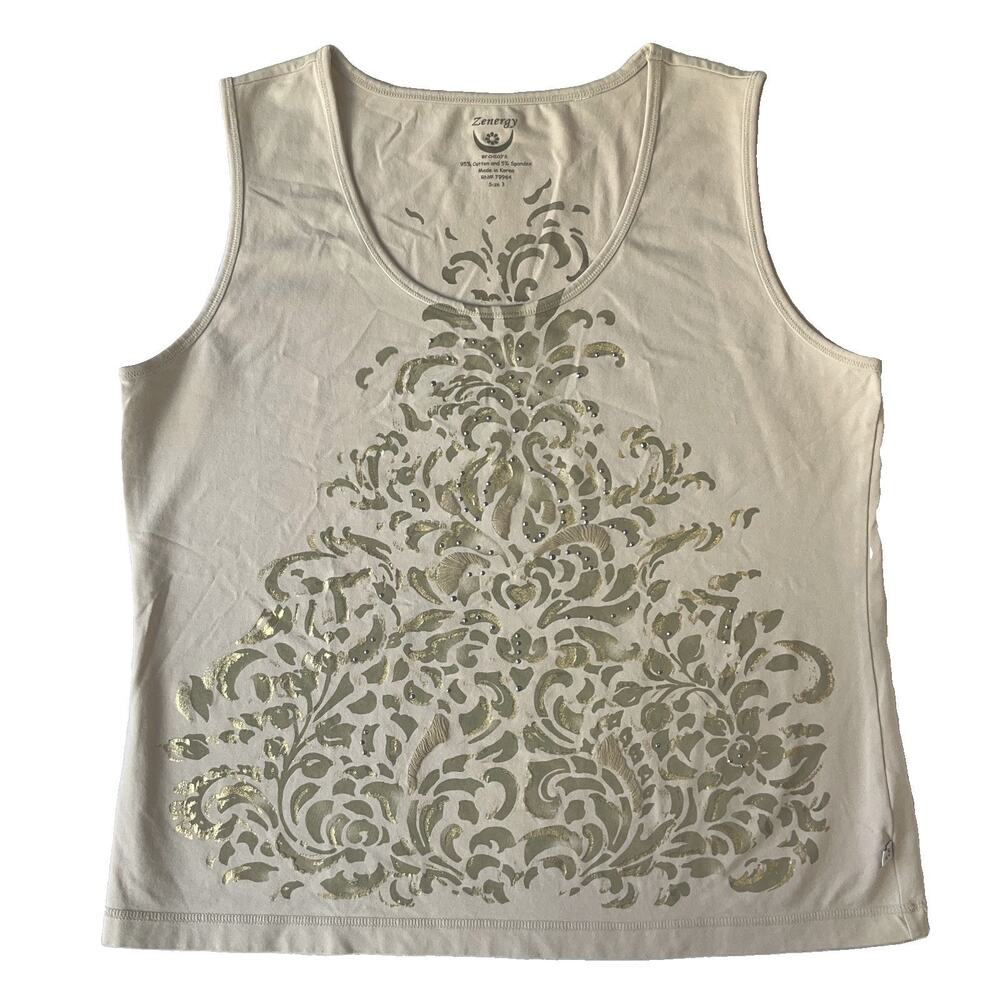 Zenergy By Chico's Women Tank Top 3 Beige Floral Gold Glitter Sleeveless